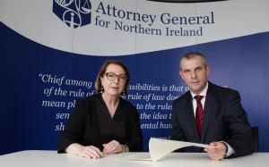 Attorney General Dame Brenda King and Law Society NI President Darren Toombs endorse The Pledge to Uphold the Rule of Law. 